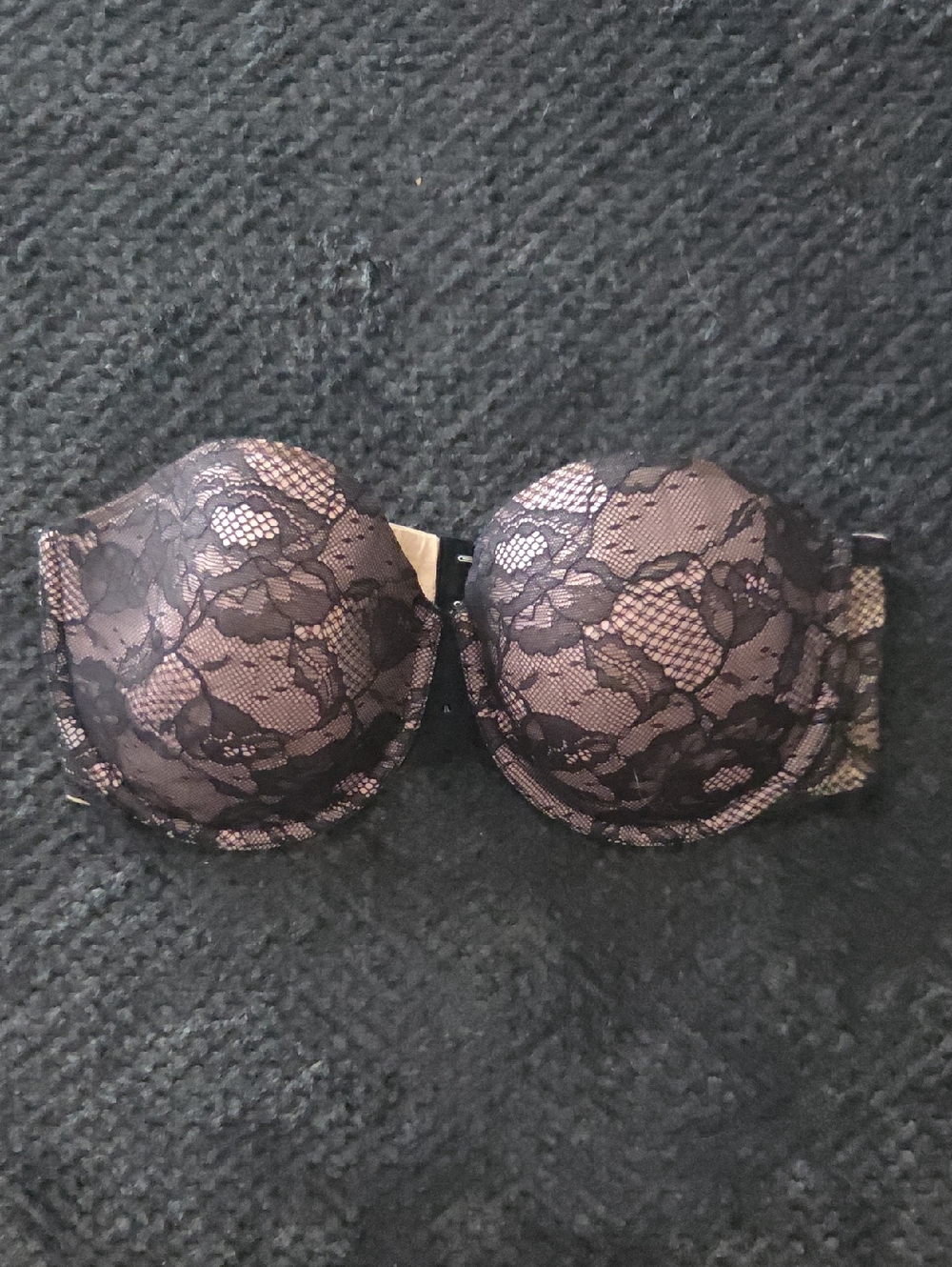 Victoria's Secret Black Lace Over Nude Strapless Push-Up Bra
